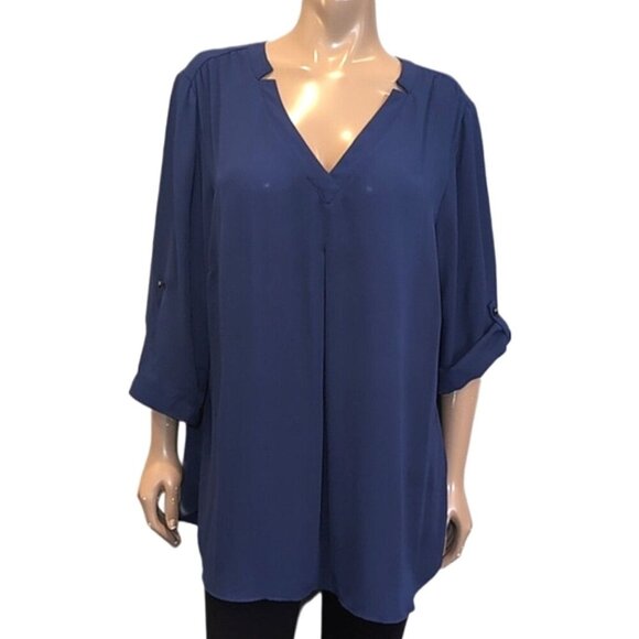 Reitmans Vneck Flowy Blouse Boyfriend Shirt Roll Tab Pleated Notched Tunic Top - Picture 1 of 12